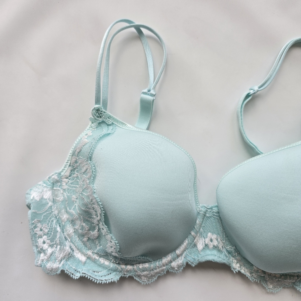 new Simone Perele Amour Plunge Underwire Bra Moulded Cups Blue Lace Size 32D - Picture 2 of 13